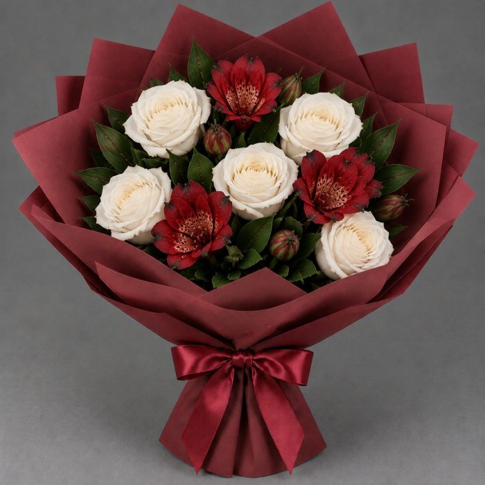 Букет белых роз и красных альстромерий