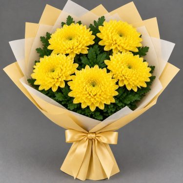 Букет из 5 жёлтых одноголовых хризантем